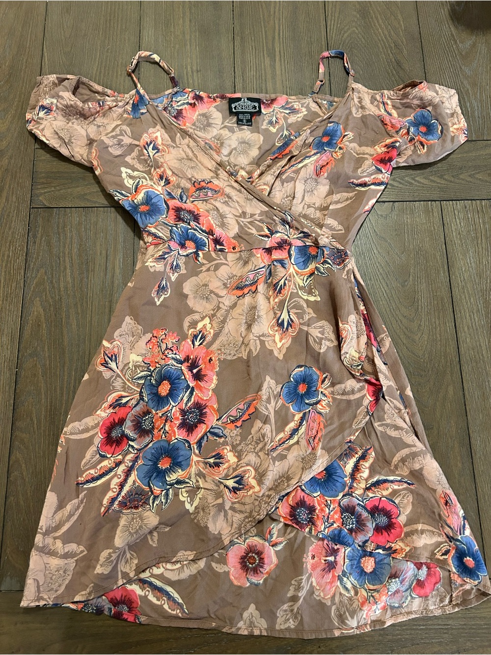 Angie One-Shoulder Floral Wrap Dress in Taupe with Blue and Coral Accents